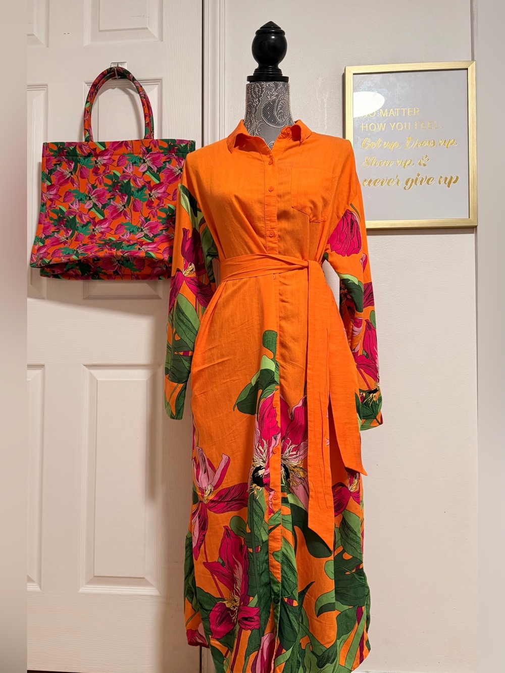 Express Vibrant Orange Floral Shirt Dress with Tie Waist with matching bag